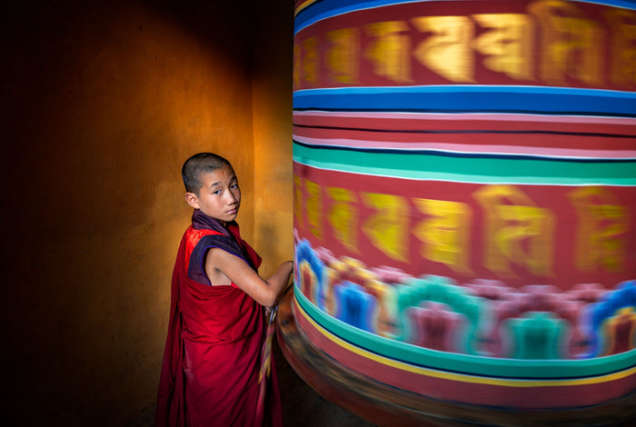 Monk and Prayer Wheel, Bumthang, Bhutan
