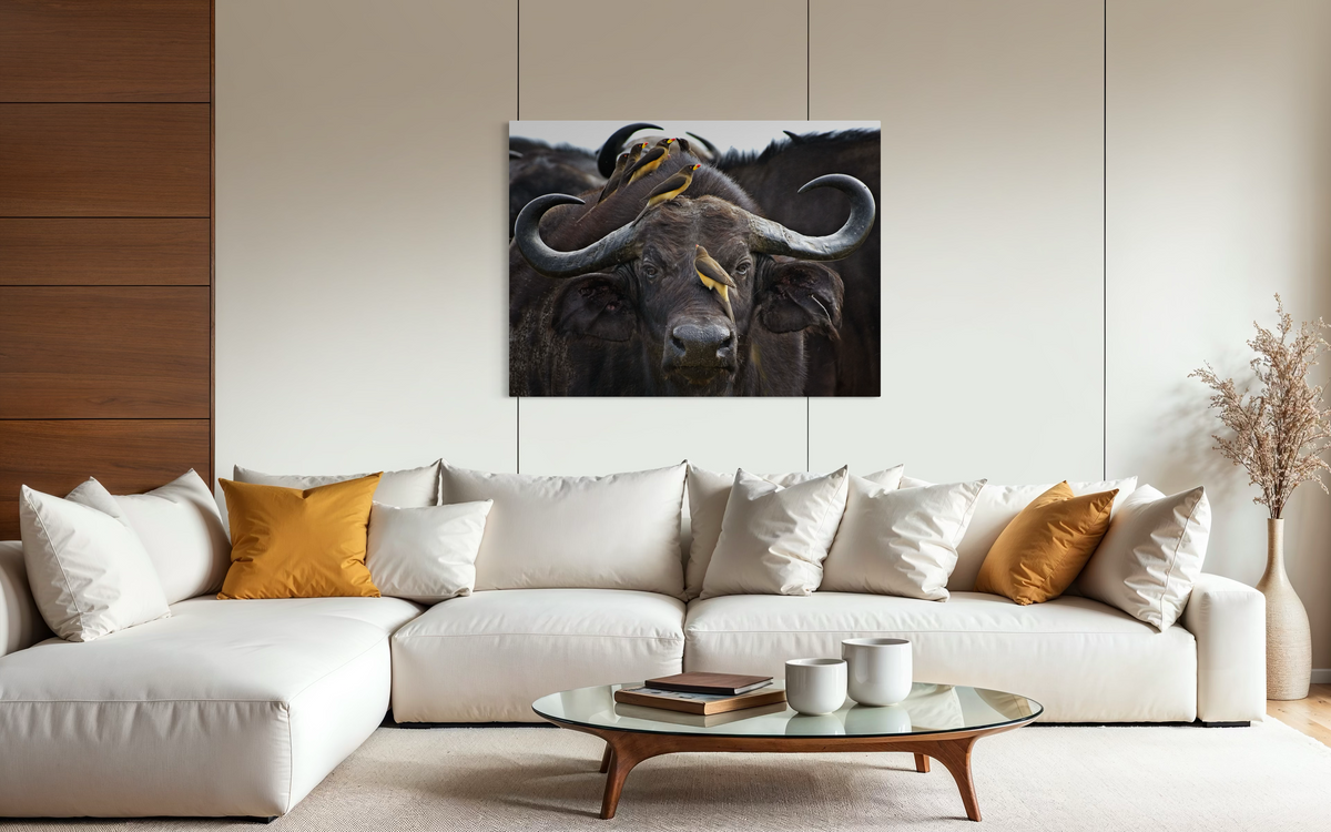 Buffalo and Oxpeckers, Kenya shown framed in a room