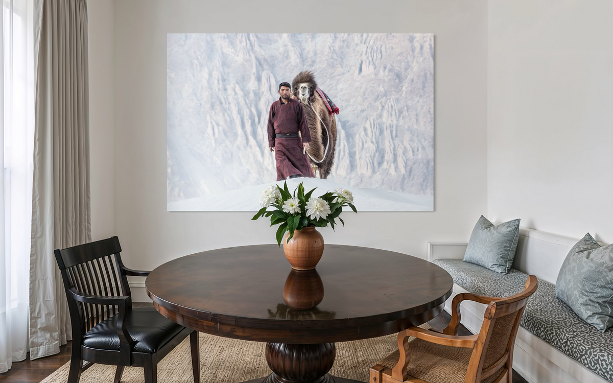 Camel Herder, Nubra Valley, Ladakh, India shown framed in a room