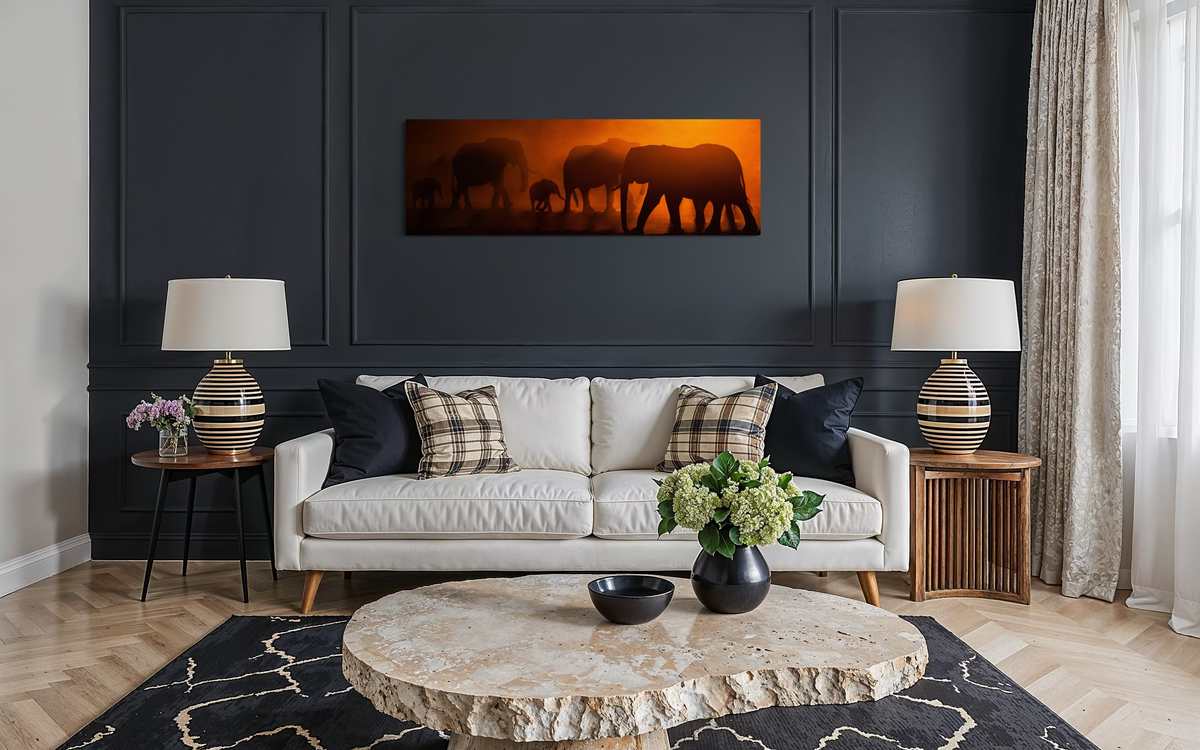 Elephants, Zimbabwe shown framed in a room