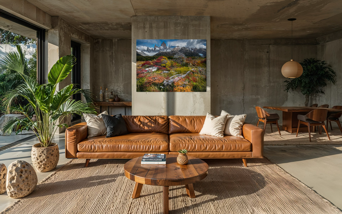 Mt. Fitz Roy in Autumn, Argentina shown framed in a room