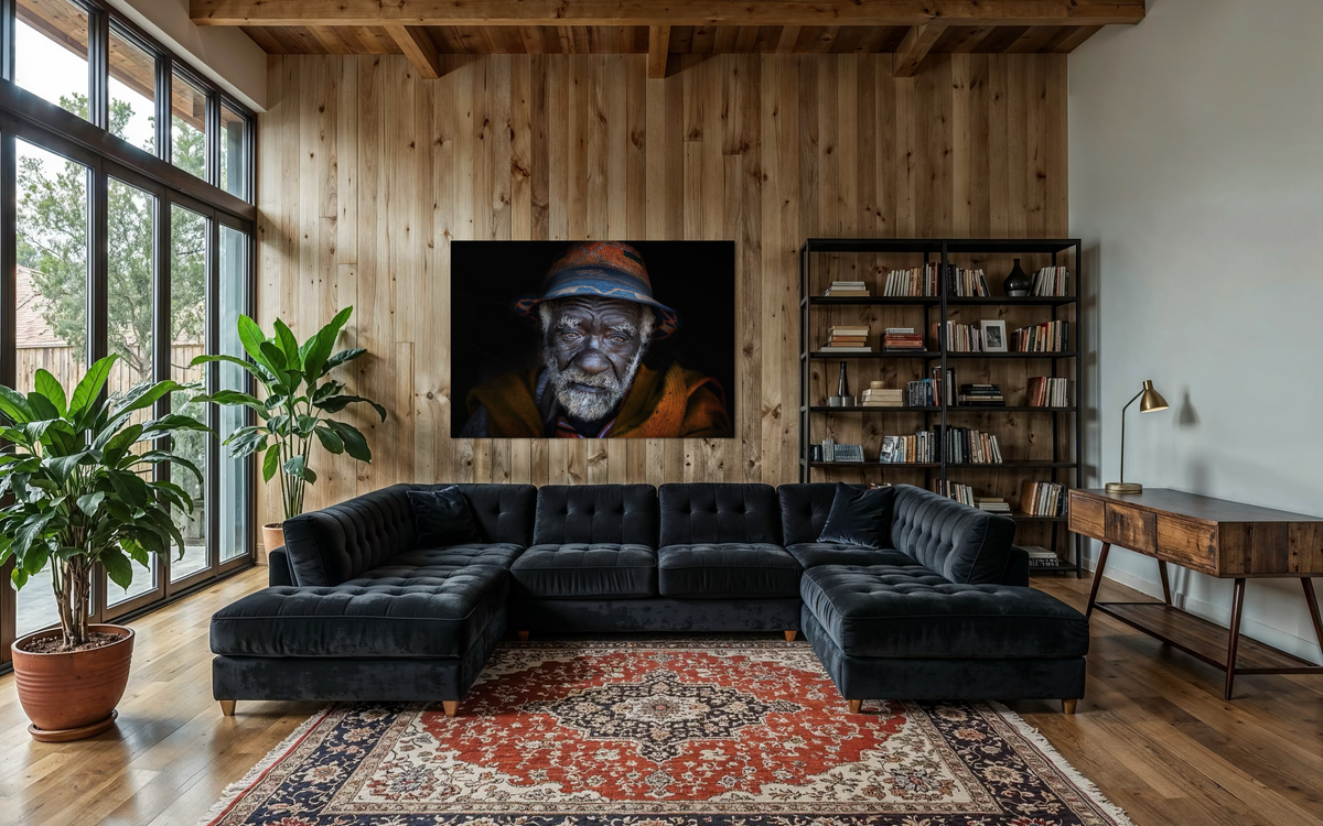 Portrait of an Old Man, Ethiopia shown framed in a room