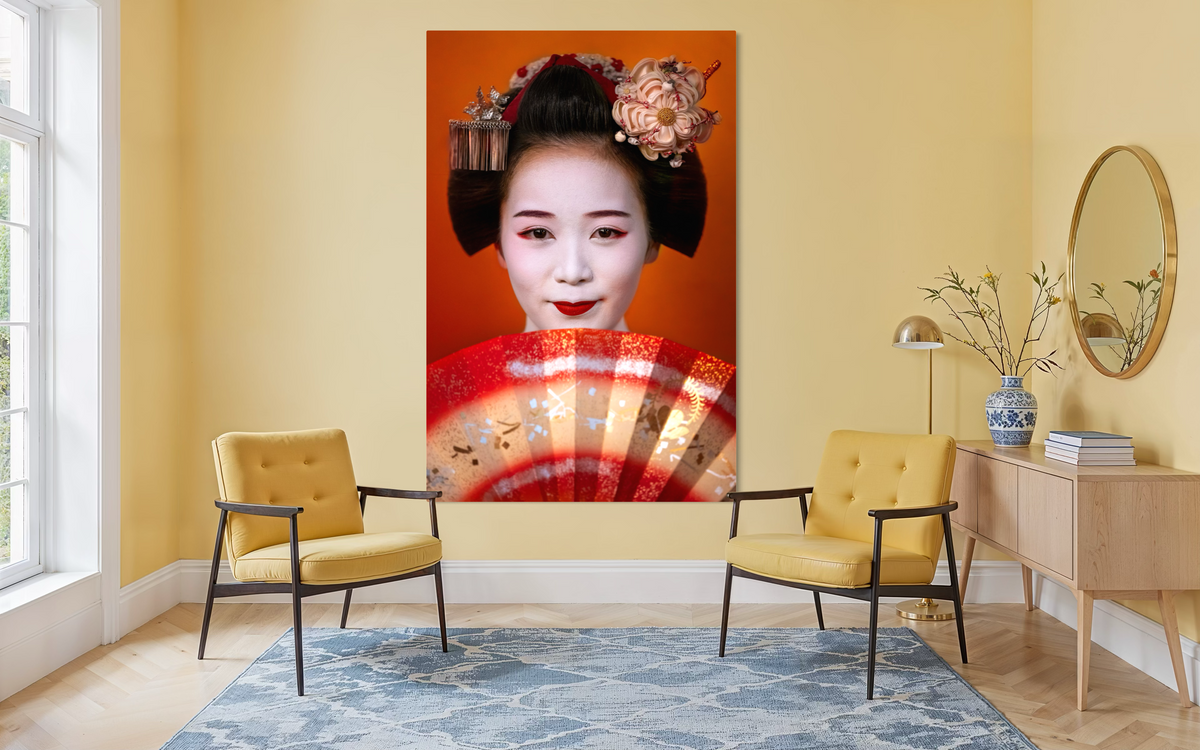 Portrait of a Maiko, Kyoto, Japan shown framed in a room