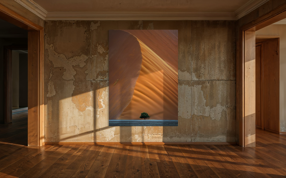 Sand Dune, Sossusvlei, Namibia shown framed in a room