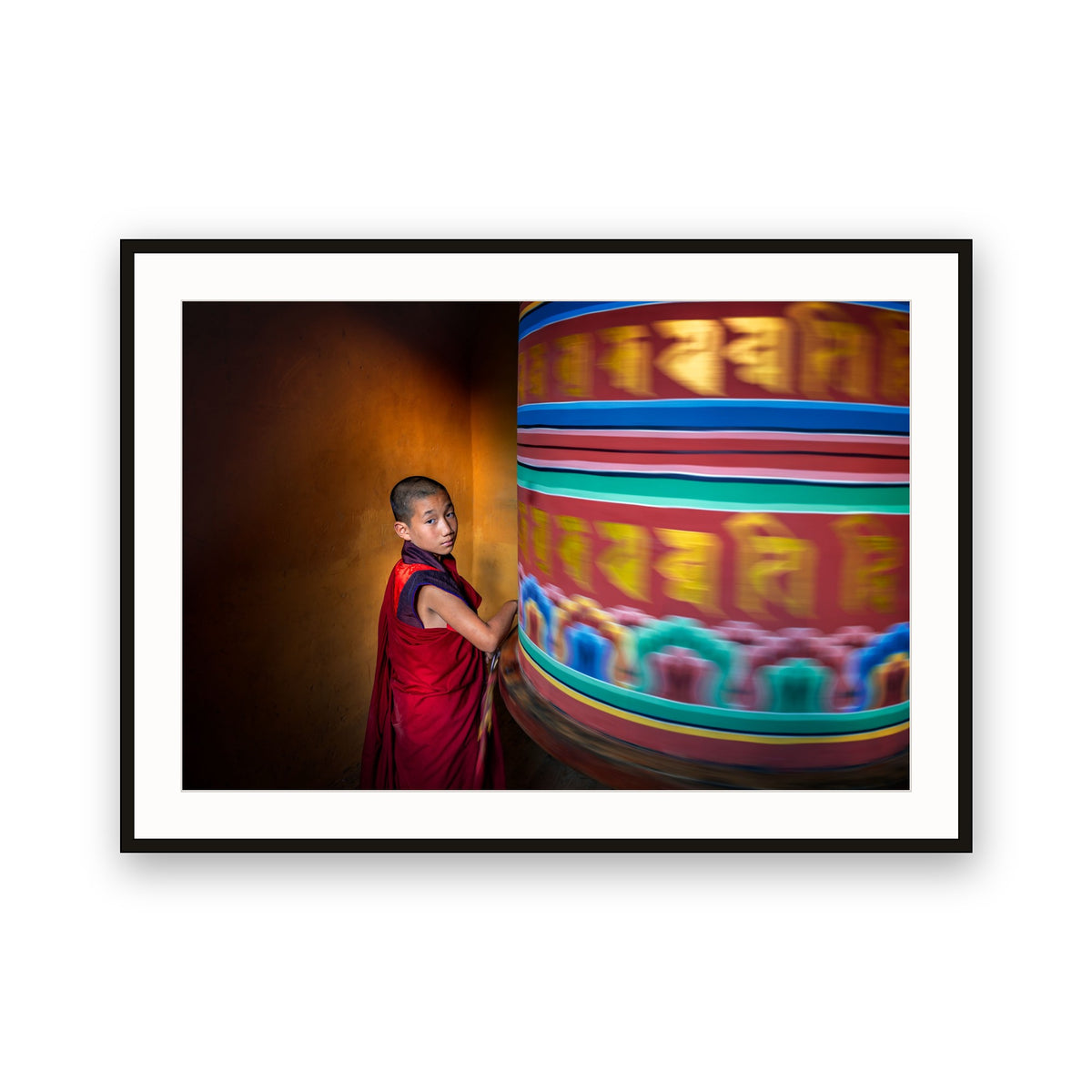 Monk and Prayer Wheel, Bumthang, Bhutan