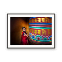Monk and Prayer Wheel, Bumthang, Bhutan view 1