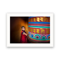 Monk and Prayer Wheel, Bumthang, Bhutan view 4